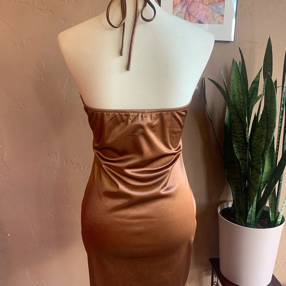 NWT Brown Shiny Body Control Halter Cocktail Mini Dress - Picture 8 of 11